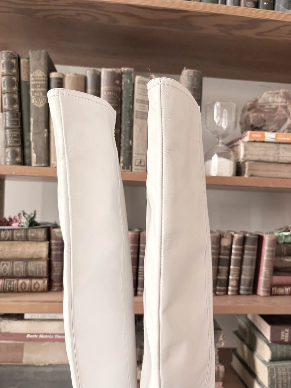 White Over-the-Knee Leather Boots with Low Heel